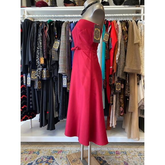 vintage 1990s red silk strapless dress a-line bow waist size small y2k gilmore - Picture 6 of 8